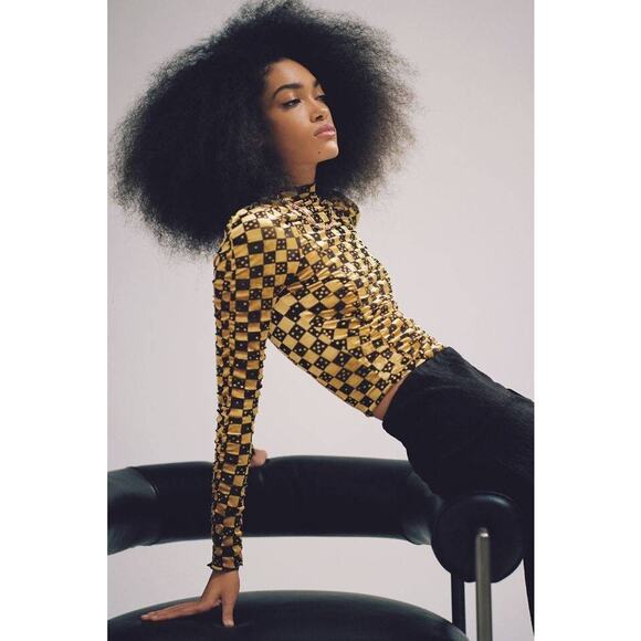 Urban Outfitters Natalia Velvet Mock Neck Burnout Dice Long Sleeve Top M - Picture 1 of 7